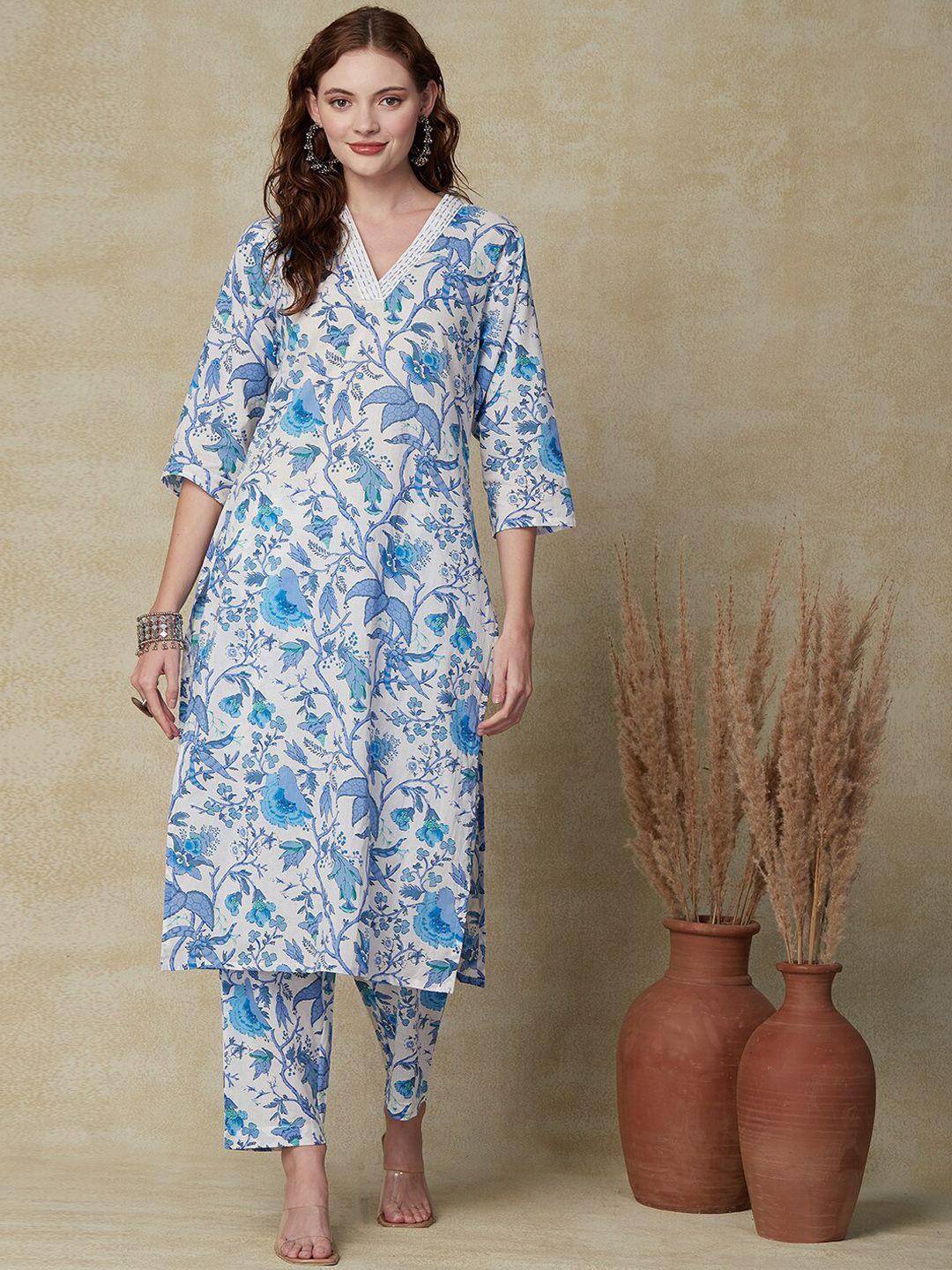 fashor floral printed v-neck pure cotton kurta with trousers