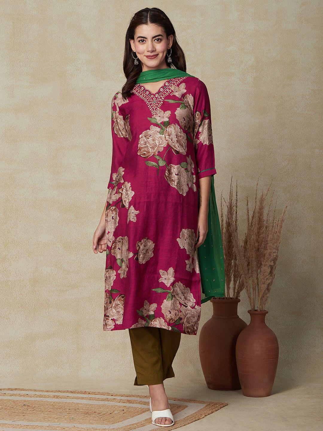 fashor-floral-printed-v-neck-sequined-kurta-with-dupatta