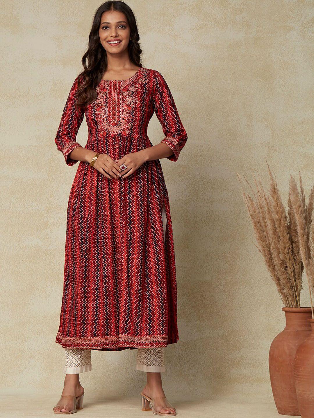 fashor geometric sequinned embroidered  cotton a-line kurta