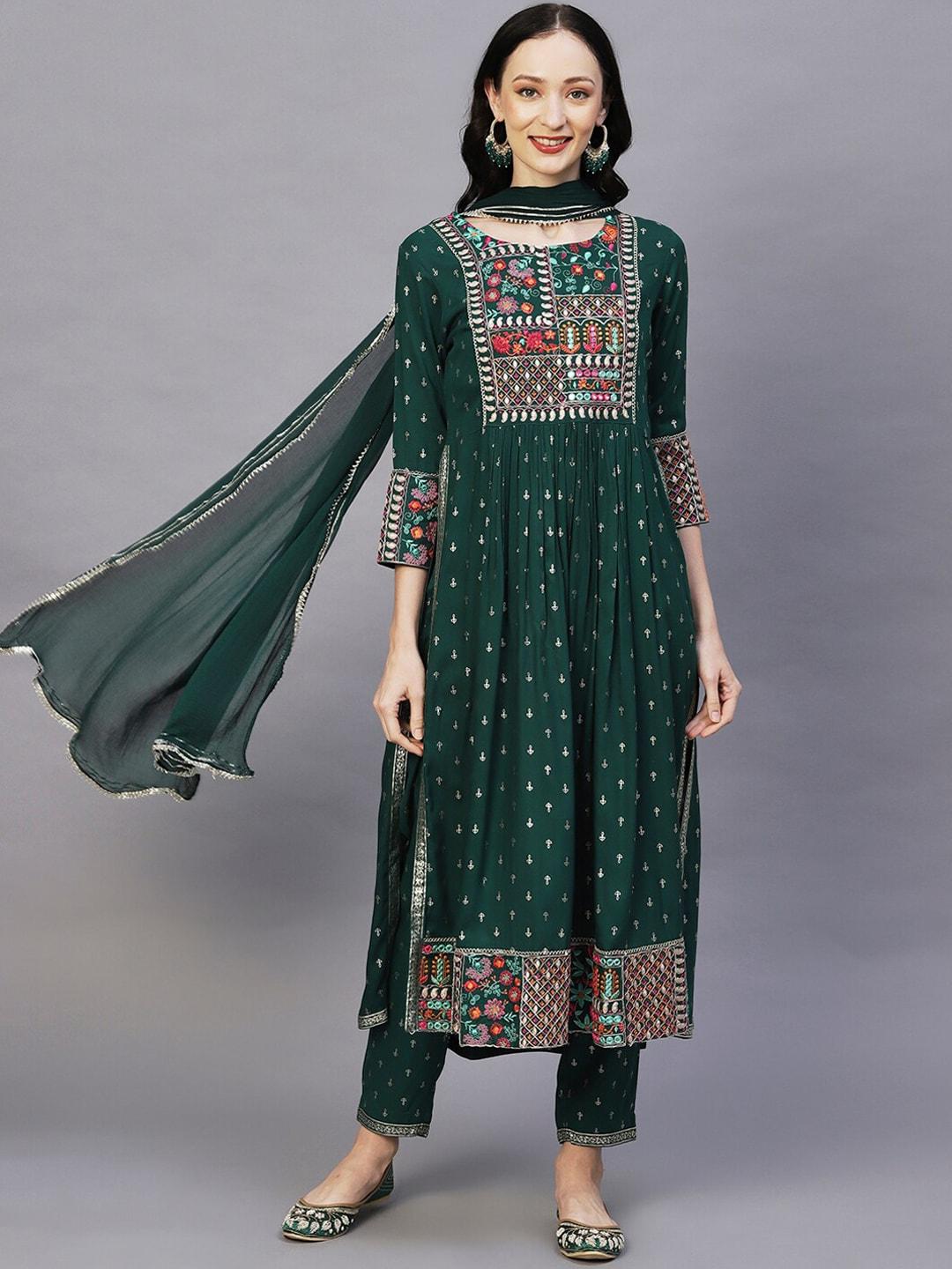 fashor green ethnic motifs printed pleated mirror work kurta with trousers & dupatta