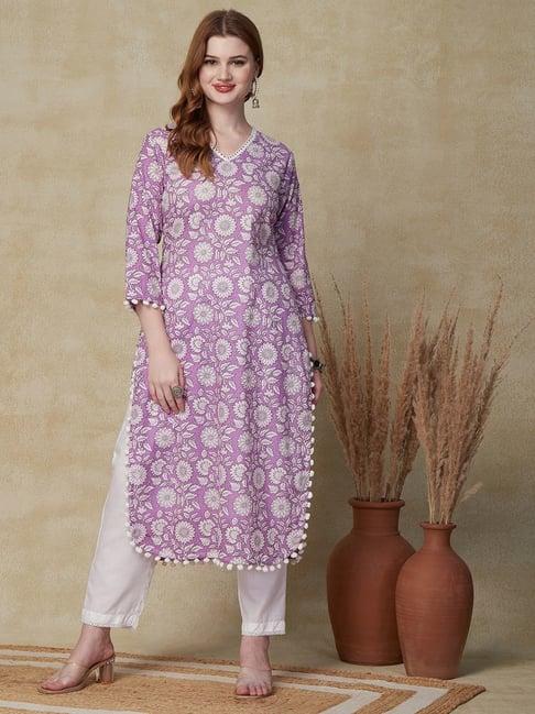 fashor lilac cotton floral print straight kurta