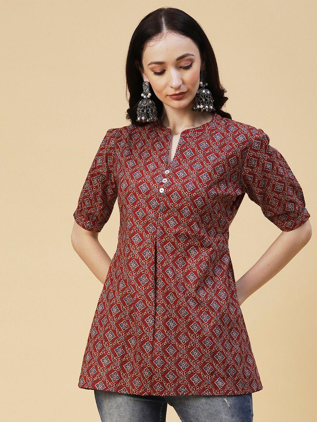 fashor mandarin collar ethnic motifs printed pure cotton straight kurti