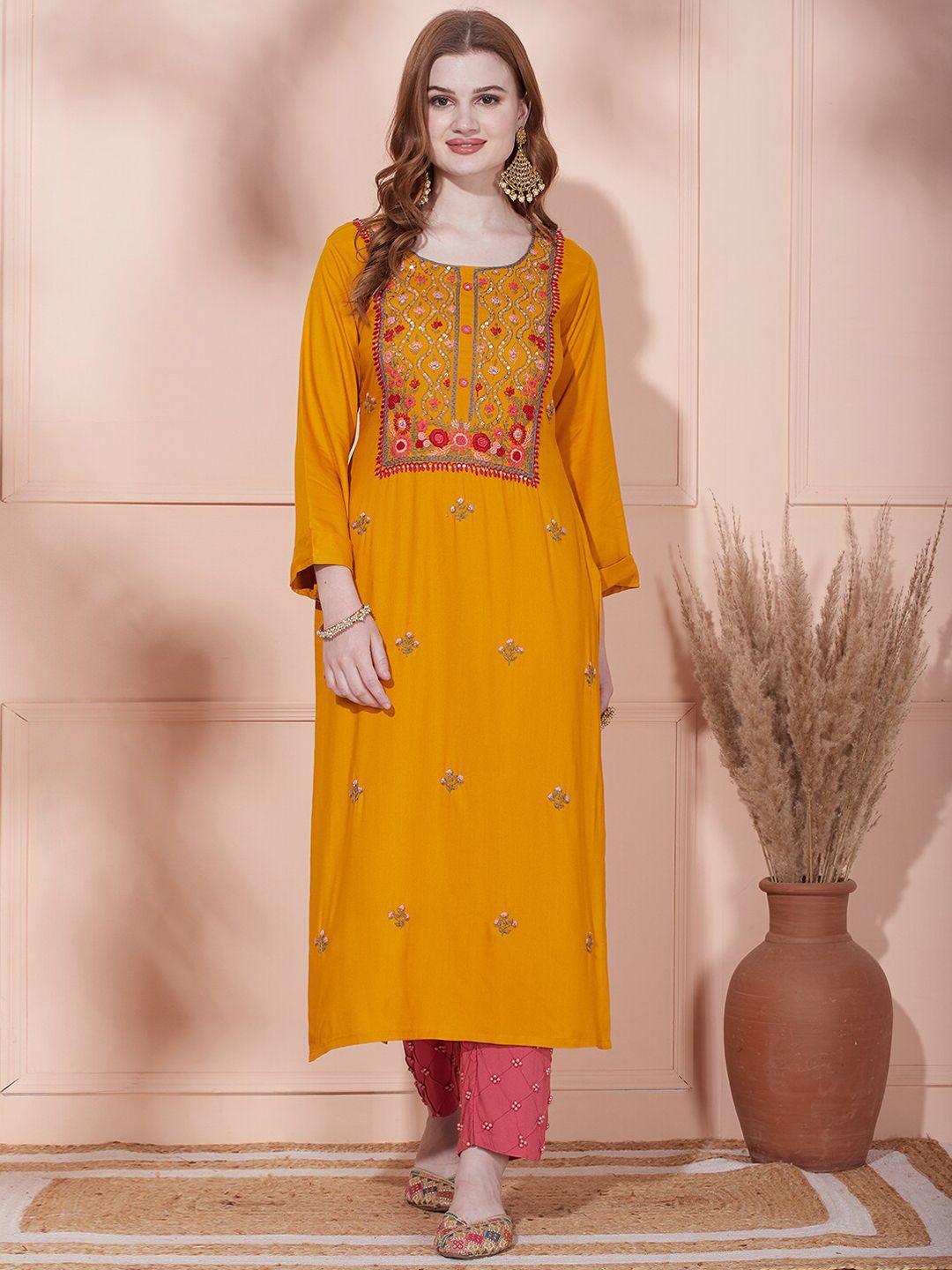 fashor mustard yellow ethnic motifs embroidered thread work straight kurta