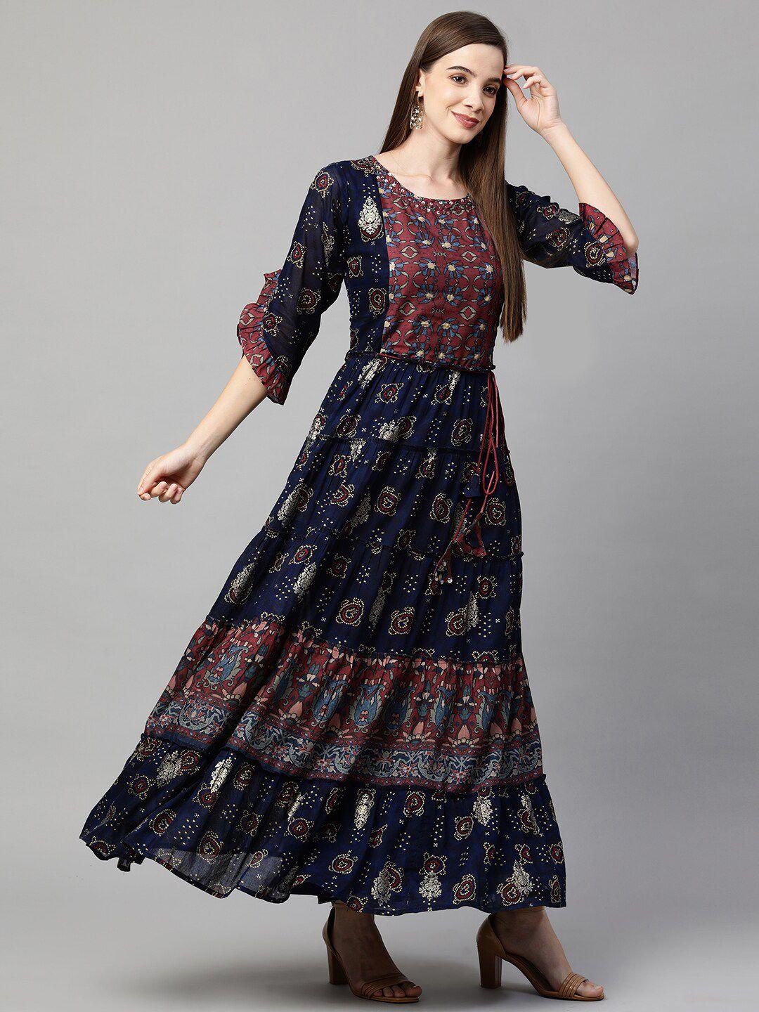 fashor navy blue ethnic motifs ethnic maxi dress