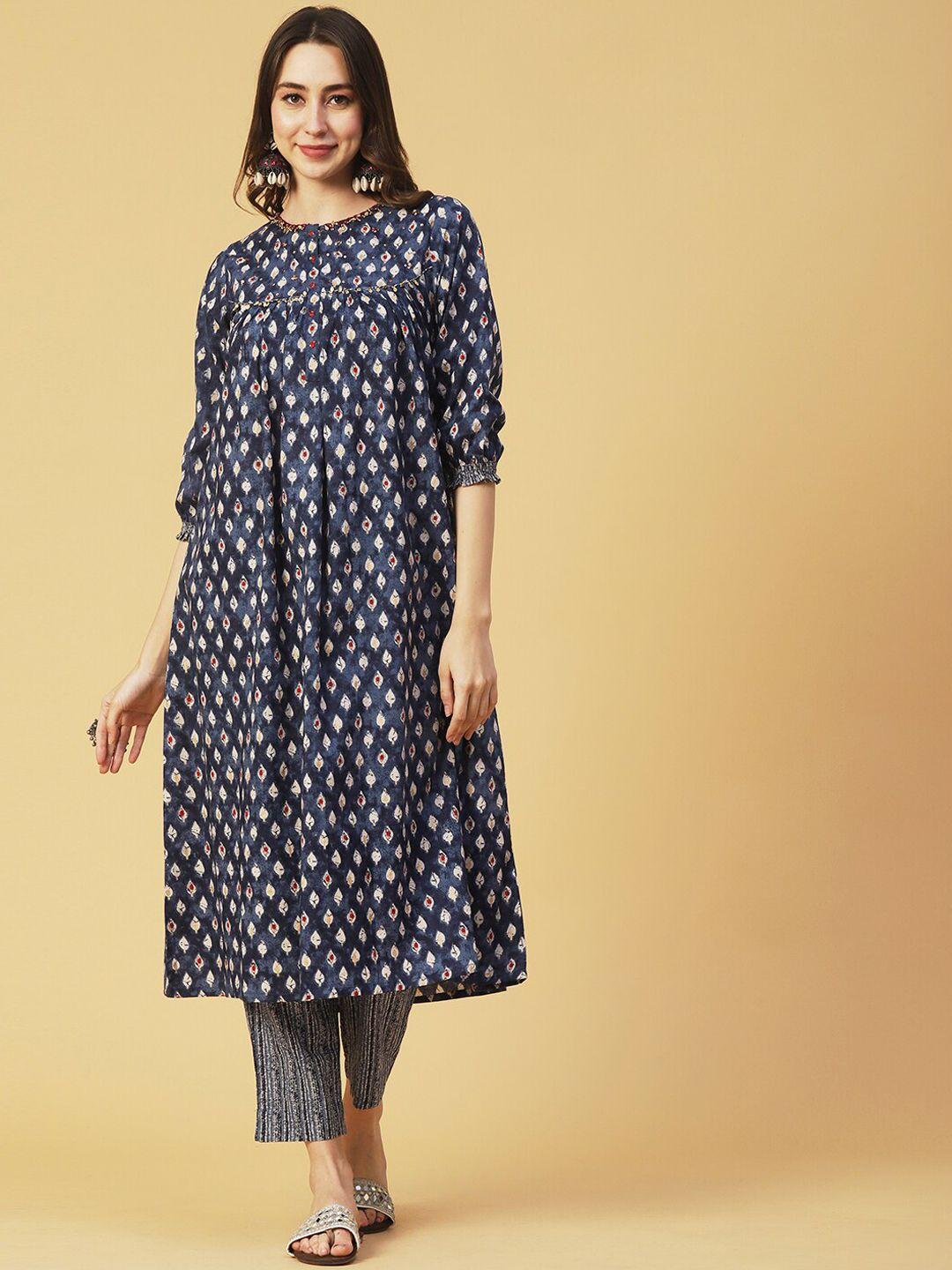 fashor navy blue ethnic motifs printed sequinned pure cotton kurta with trousers