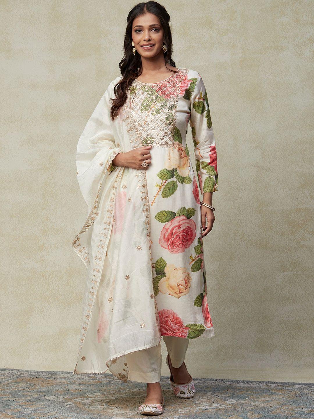 fashor off white floral printed thread work kurta with trousers & with dupatta