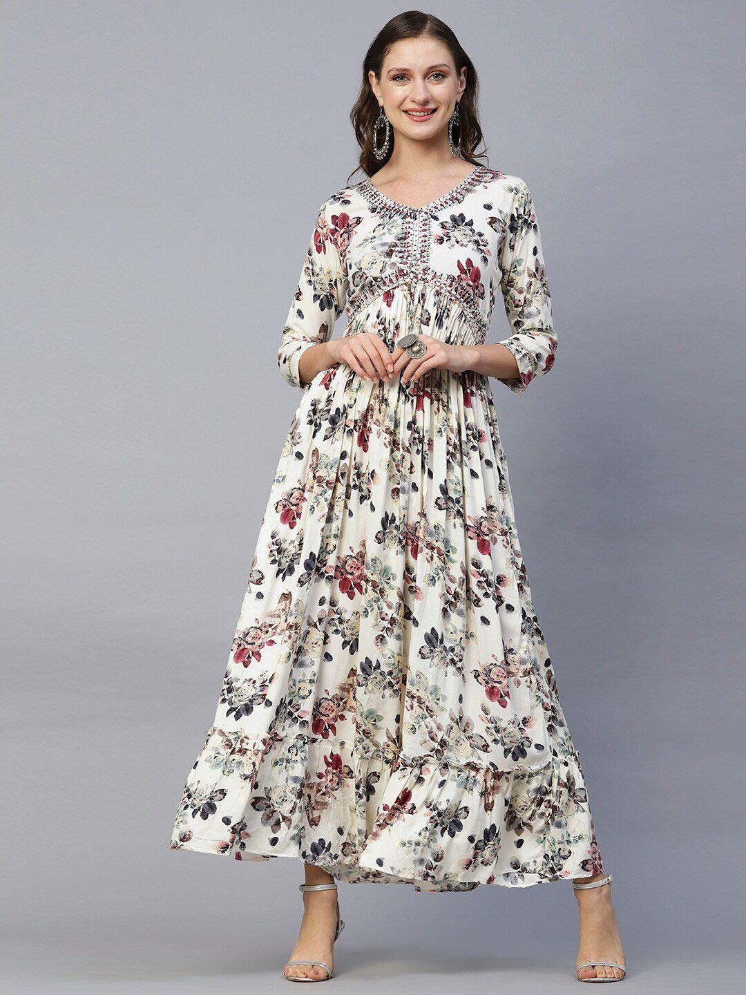 fashor off white floral printed v-neck maxi dress