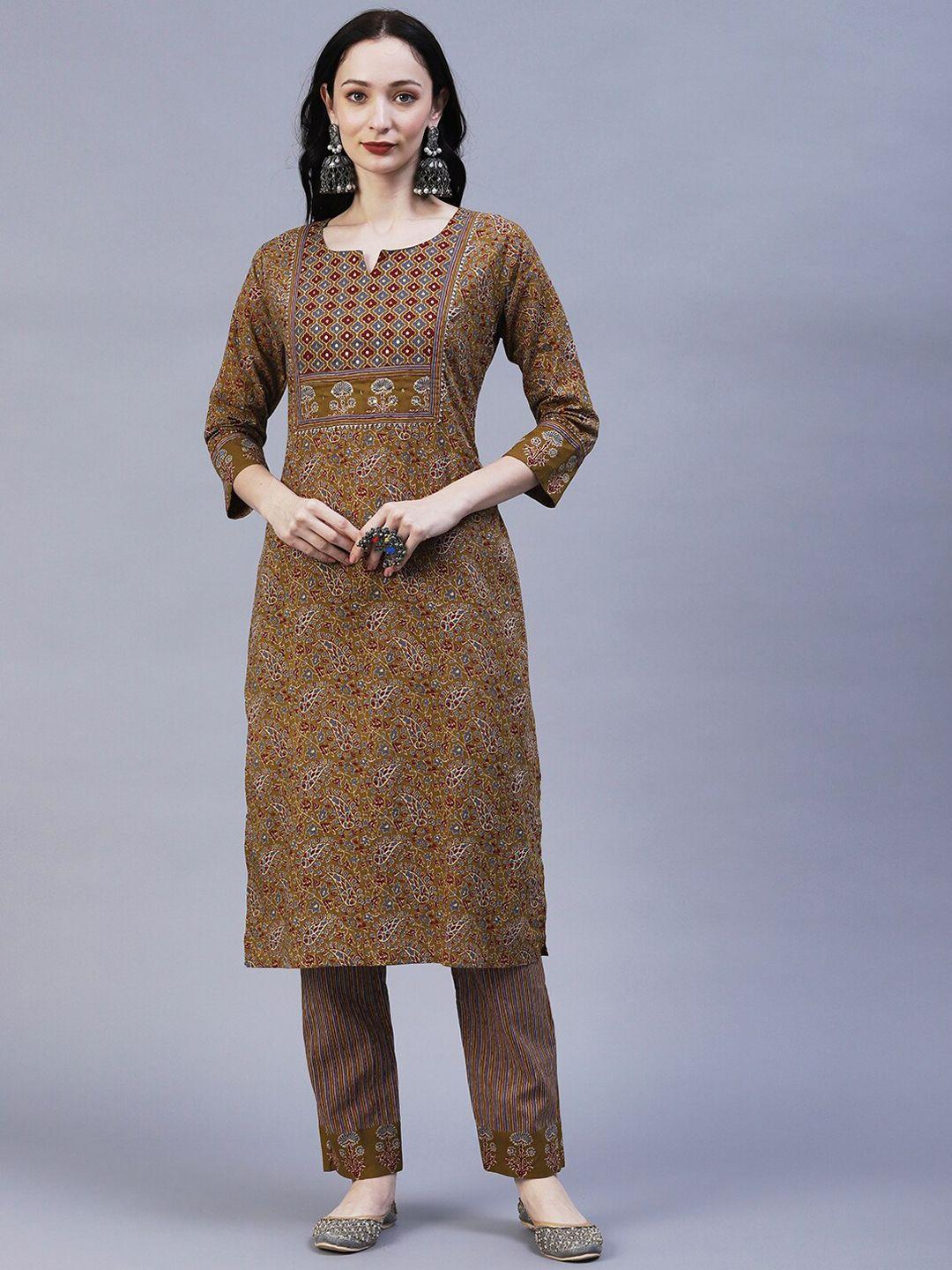 fashor paisley printed sequinned pure cotton kurta with trousers