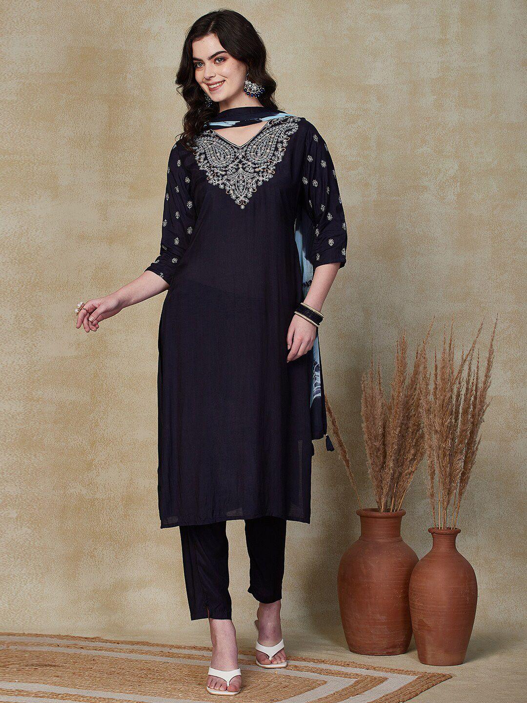 fashor paisley yoke design thread work kurta with trouser & dupatta
