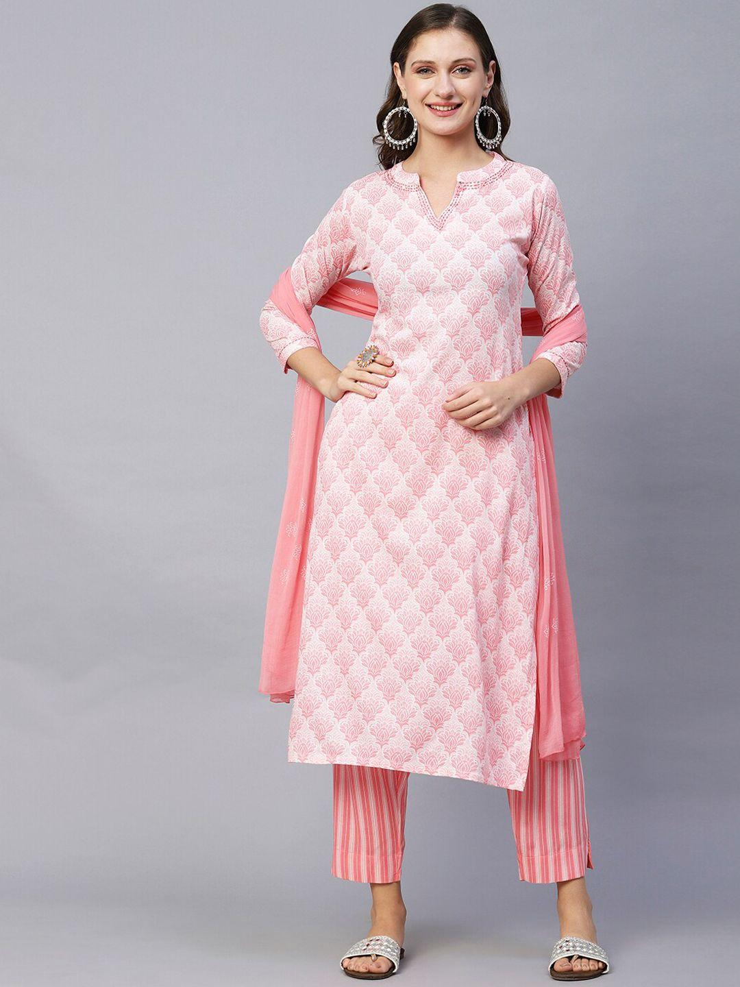 fashor peach-coloured ethnic motifs printed sequinned cotton kurta with trousers & dupatta