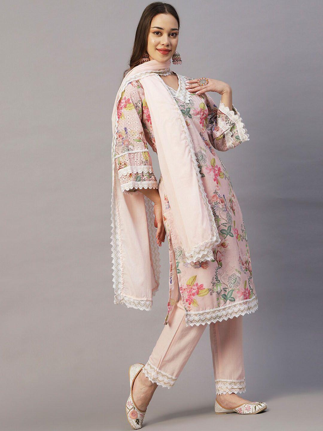 fashor peach-coloured floral printed lace pure cotton kurta with trousers & dupatta