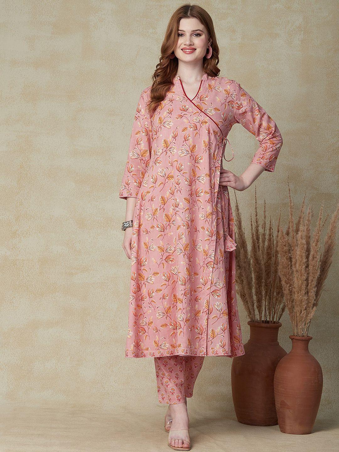 fashor pink floral printed angrakha a-line kurta with trousers