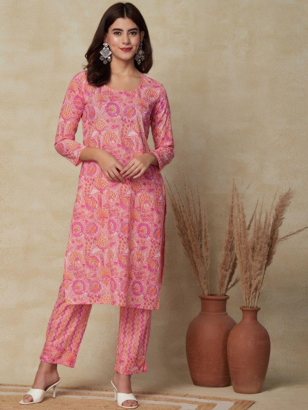 fashor pink floral printed pure cotton straight kurta with trouser