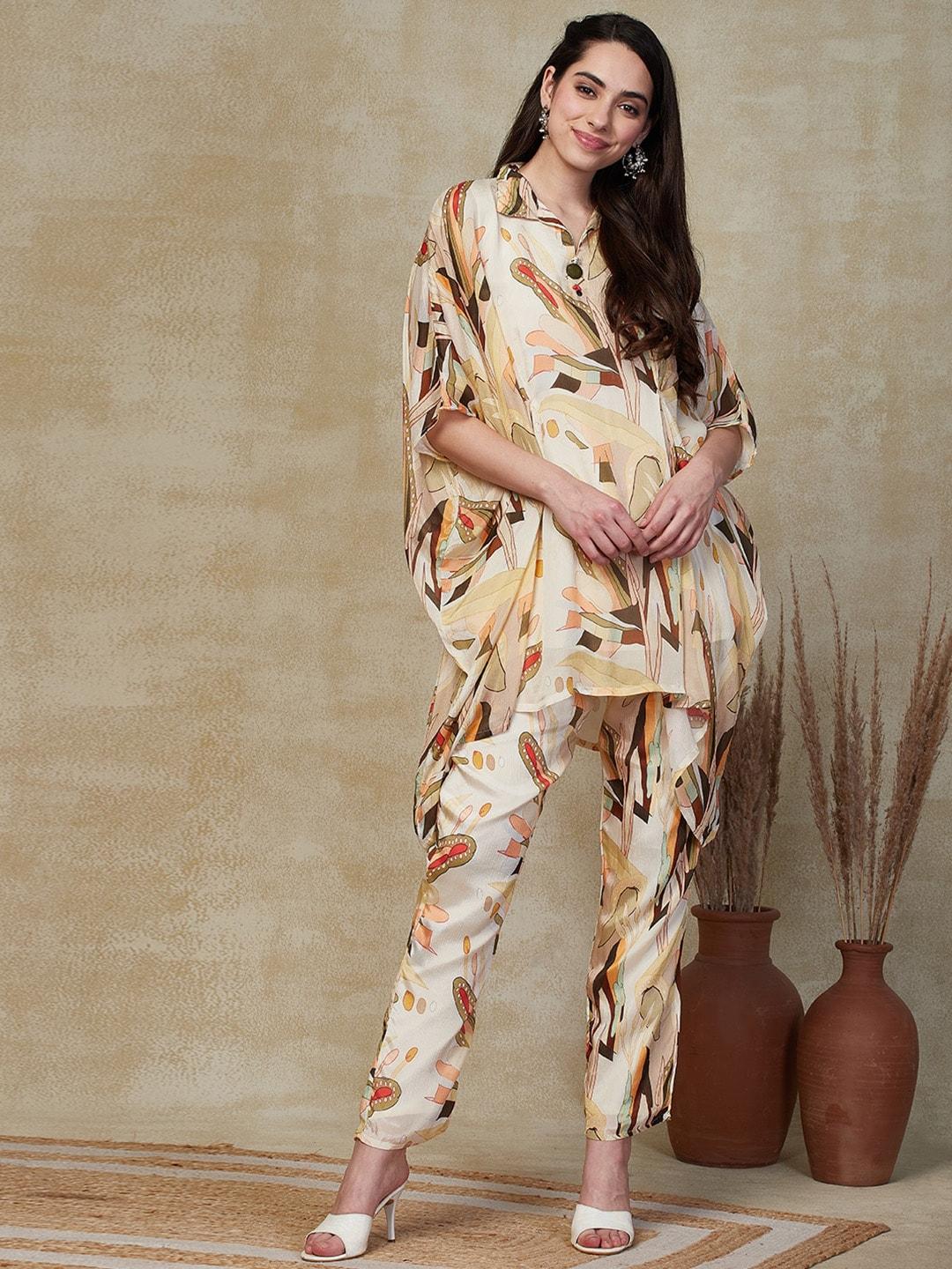 fashor printed kaftan sleeves tunic with trousers co-ords