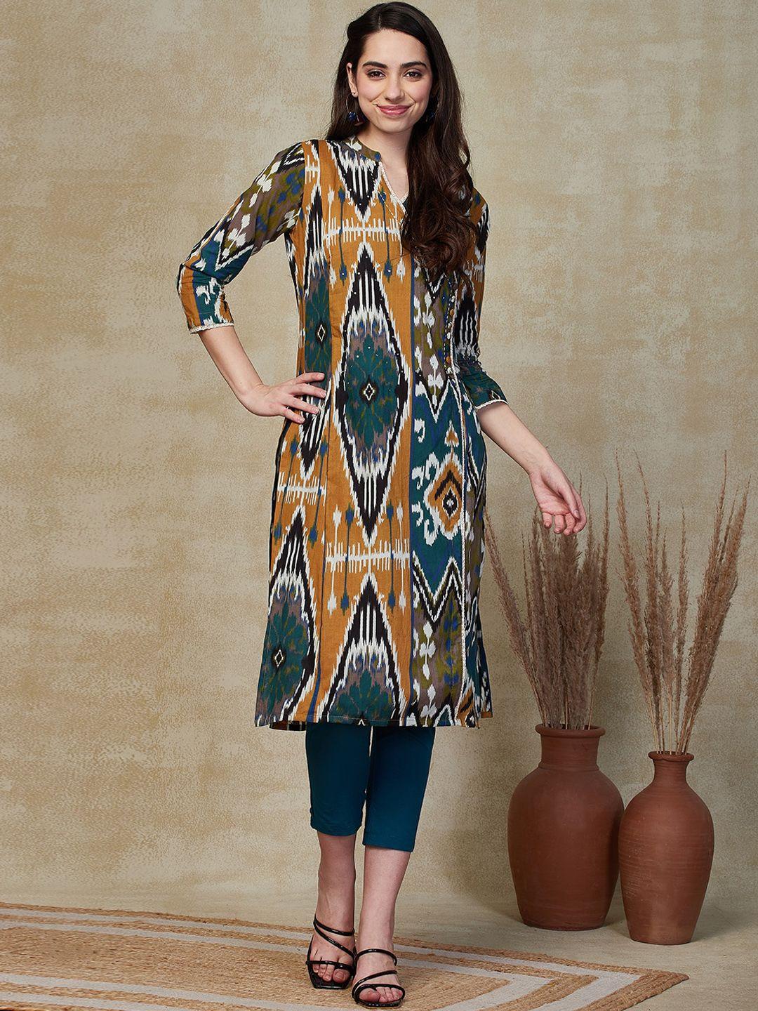 fashor printed regular sequinned pure cotton kurta with trousers