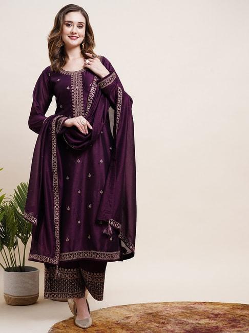 fashor purple embroidered kurta palazzo set with dupatta