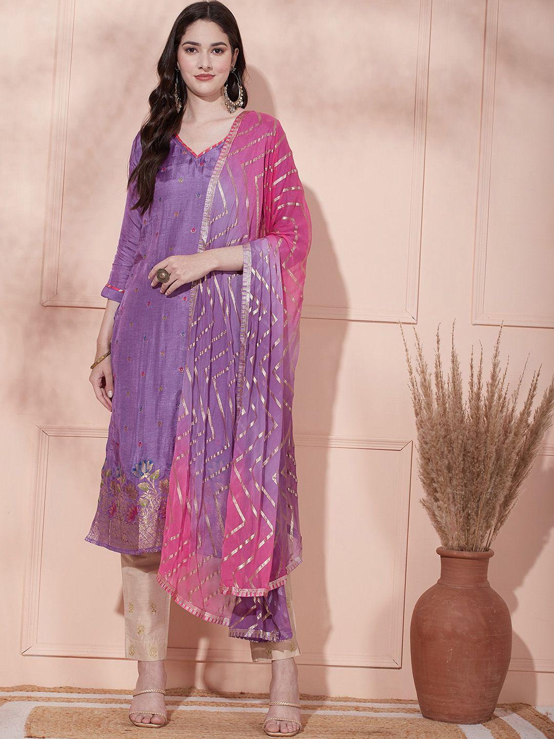 fashor purple ethnic motifs woven design v-neck straight kurta with dupatta