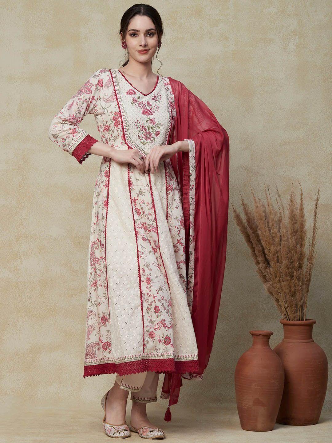 fashor red floral printed pure cotton kurta with trousers & with dupatta