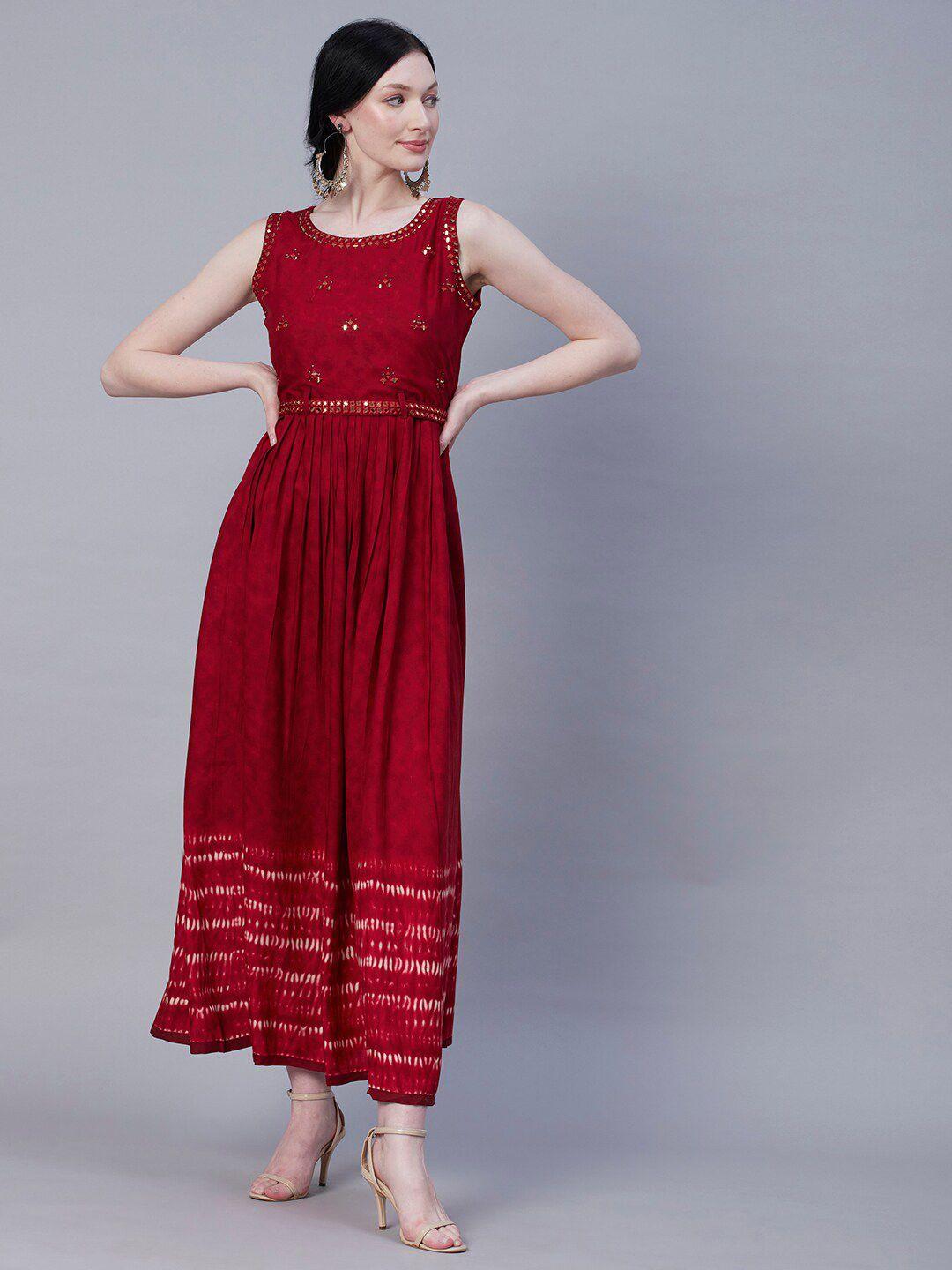 fashor red tie & dye embellished sleeveless maxi dress with belt