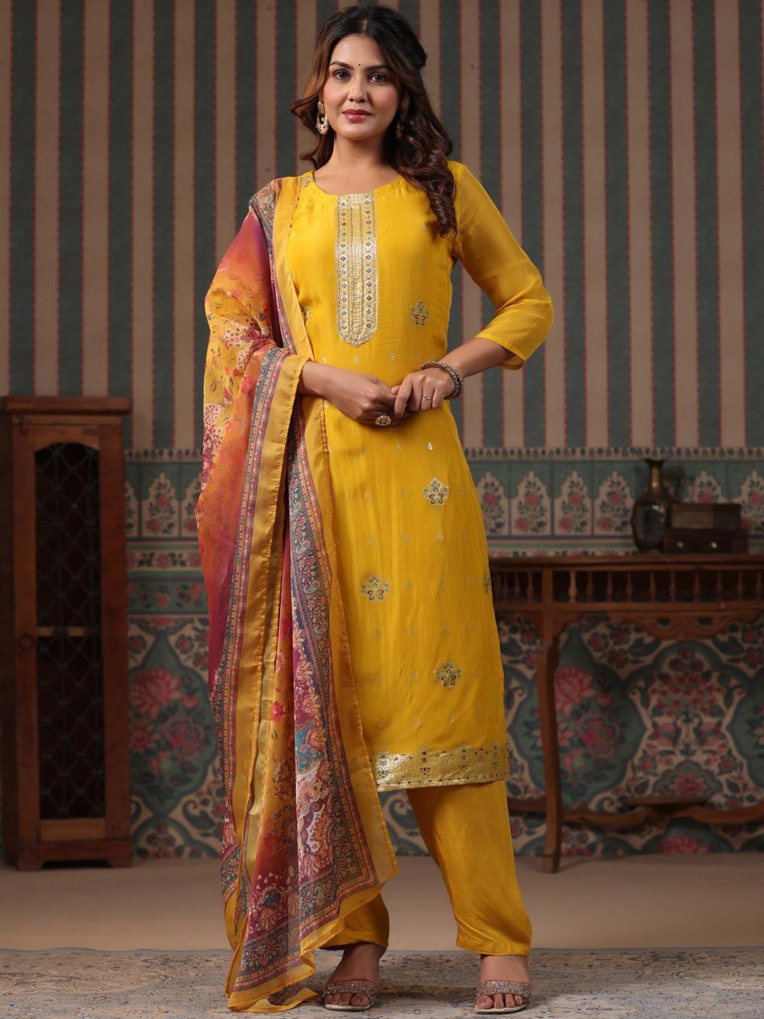 fashor round neck sequined embroidered straight kurta with trouser & dupatta