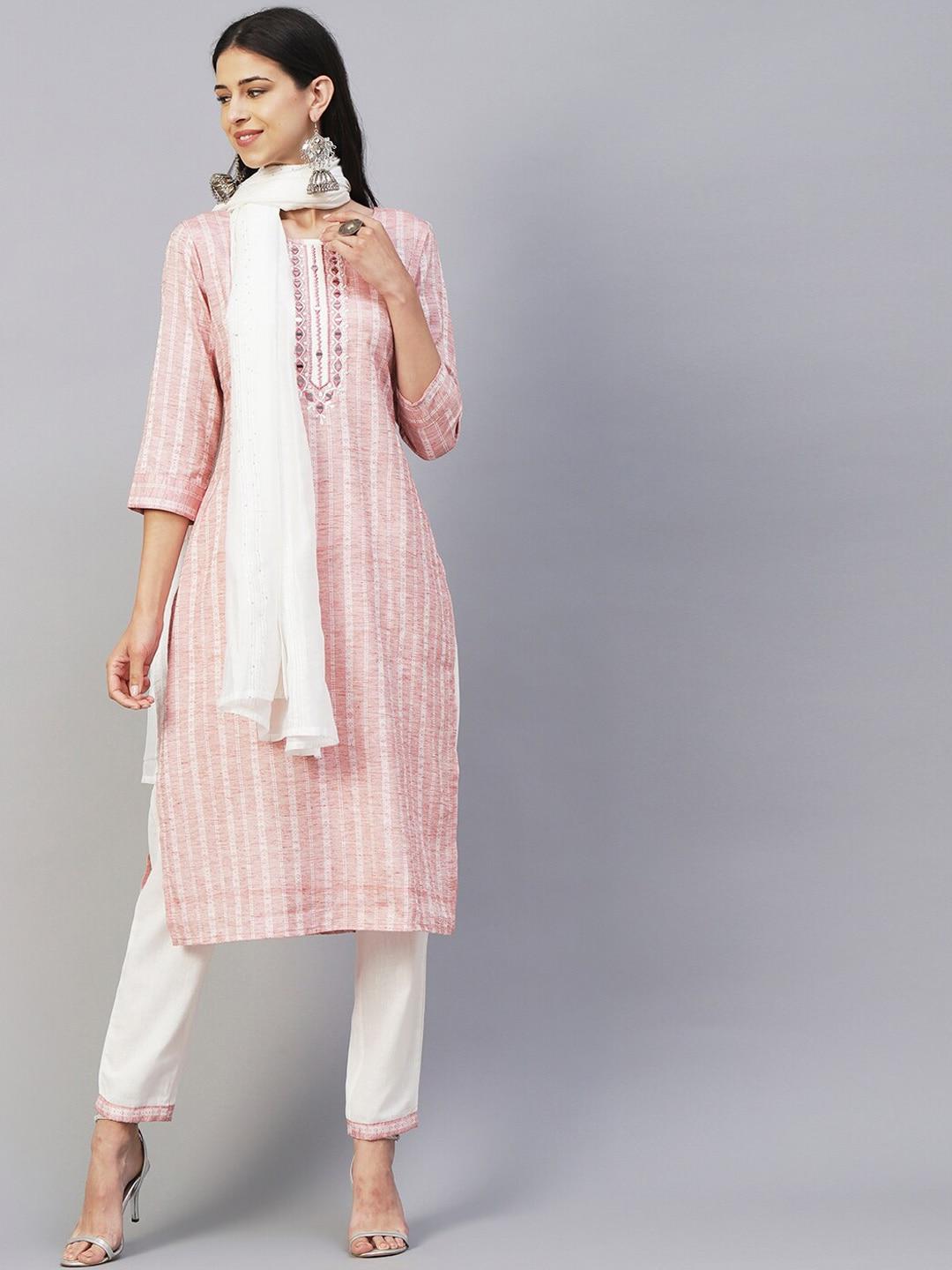 fashor rust & white striped woven design mirror work kurta with trousers & dupatta