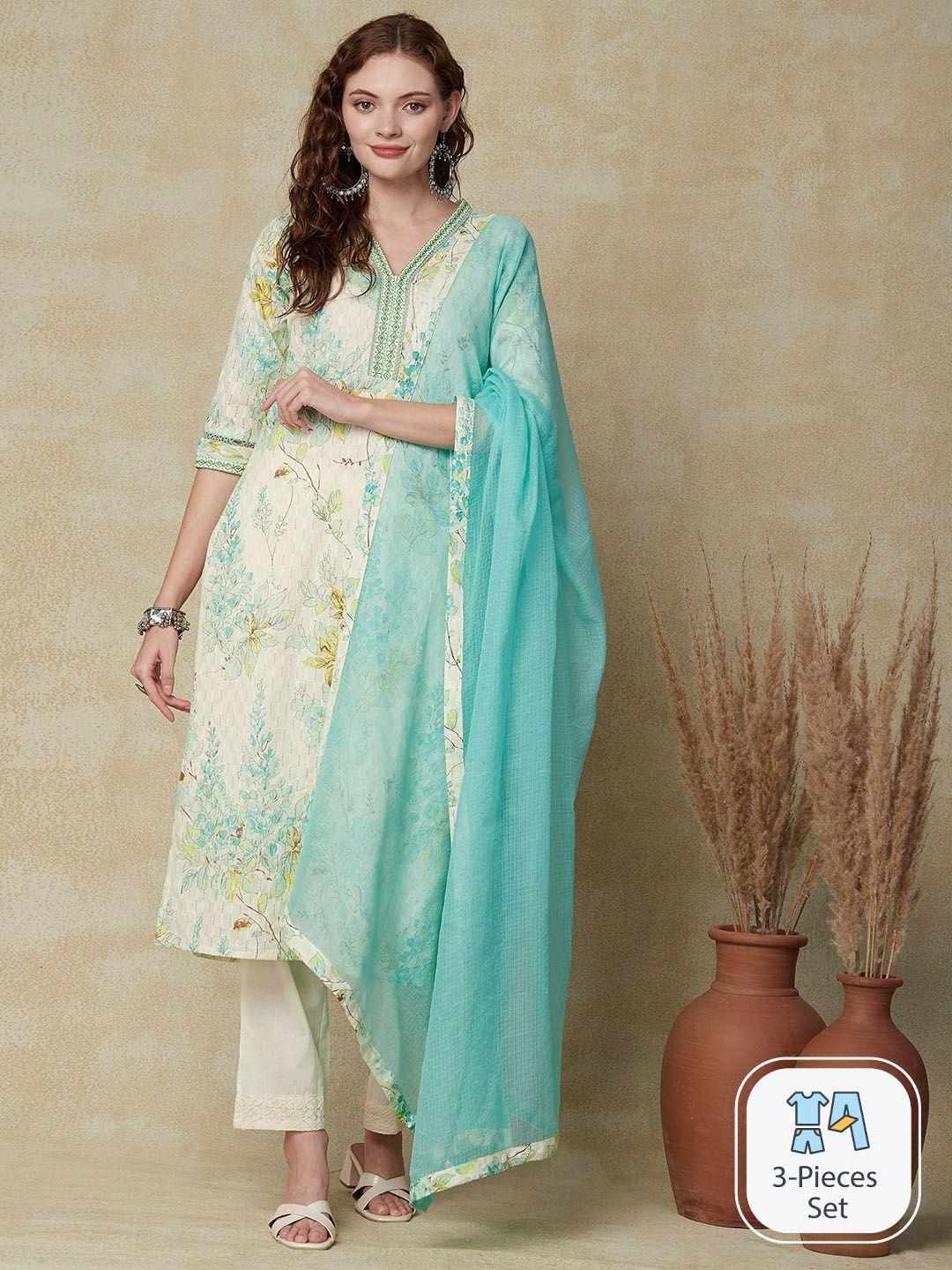 fashor sea green floral printed thread work pure cotton kurta with trousers & with dupatta