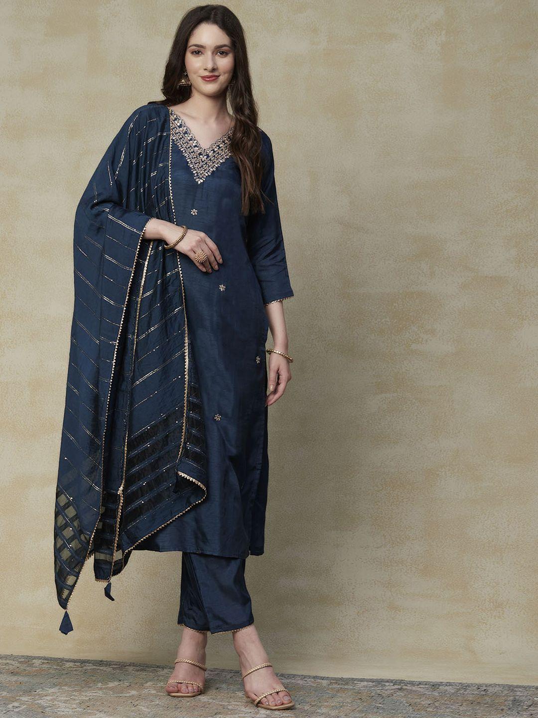 fashor teal blue & gold-toned ethnic motifs embroidered kurta with trousers & dupatta
