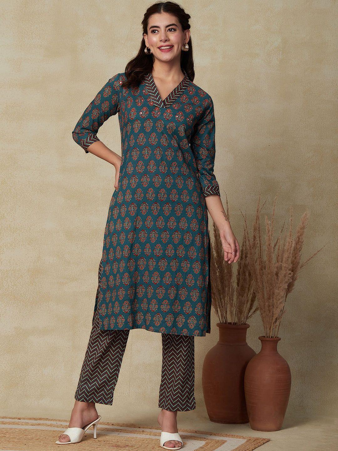 fashor teal blue ethnic motifs printed mirror work pure cotton straight kurta with trouser