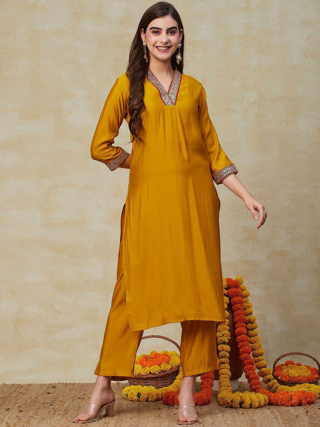 fashor v-neck sequinned straight kurta with trousers