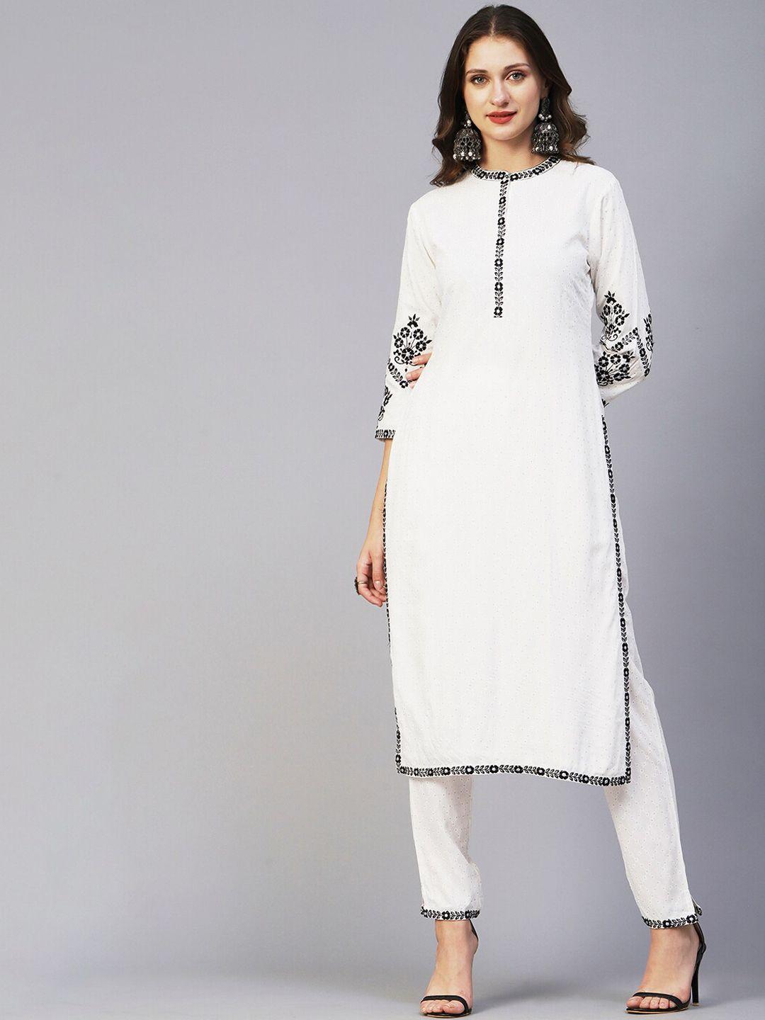 fashor white & black self design floral thread work kurta with trousers