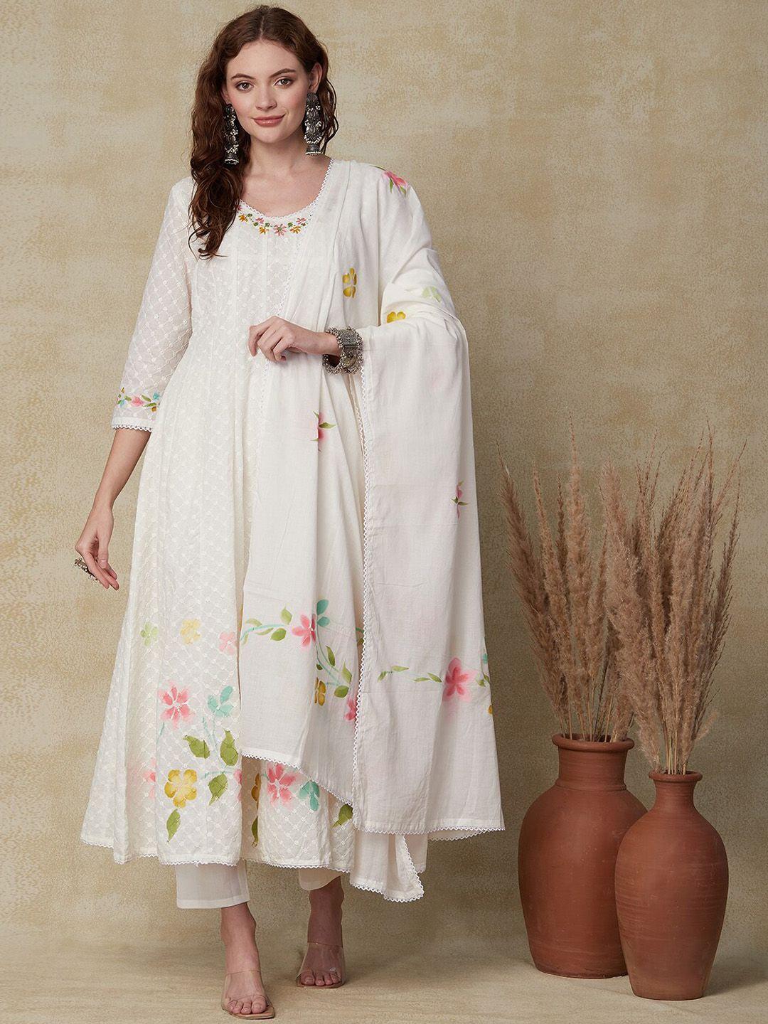 fashor white floral embroidered kurta with trousers & dupatta