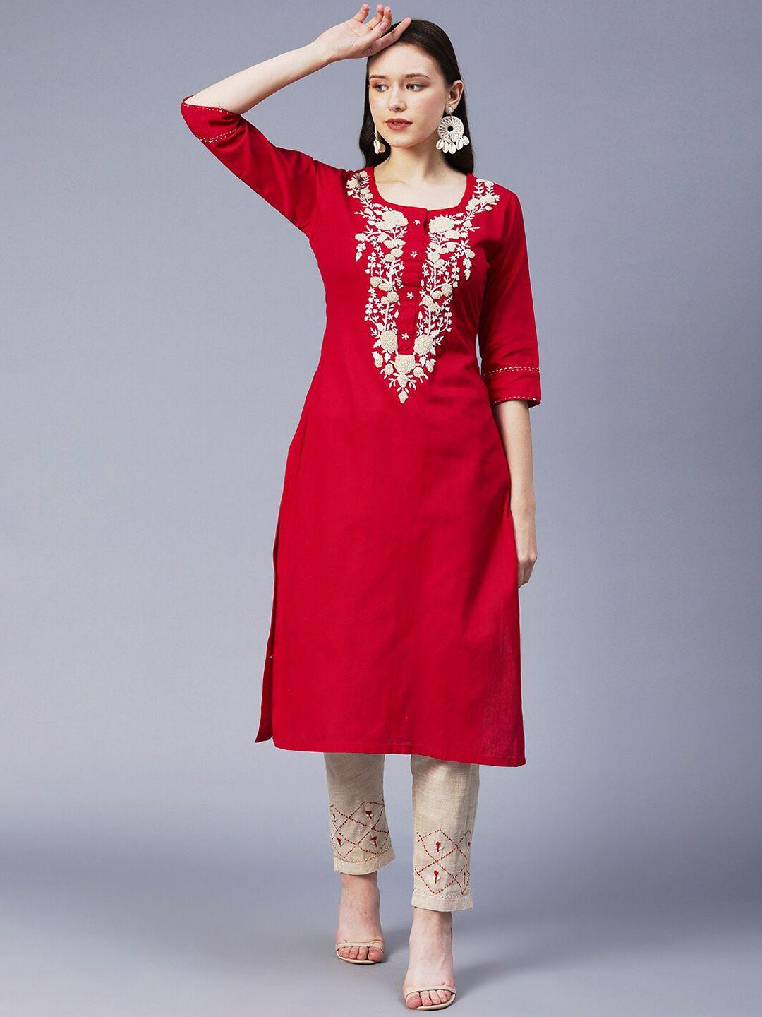fashor women  floral embroidered thread work pure cotton kurta with trousers