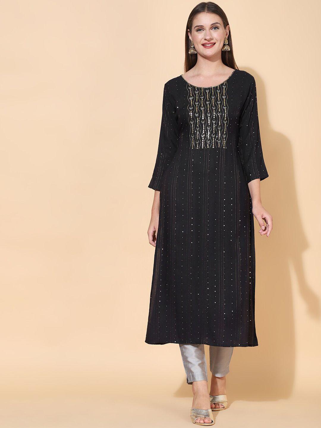fashor women black & silver-toned  embellished straight kurta