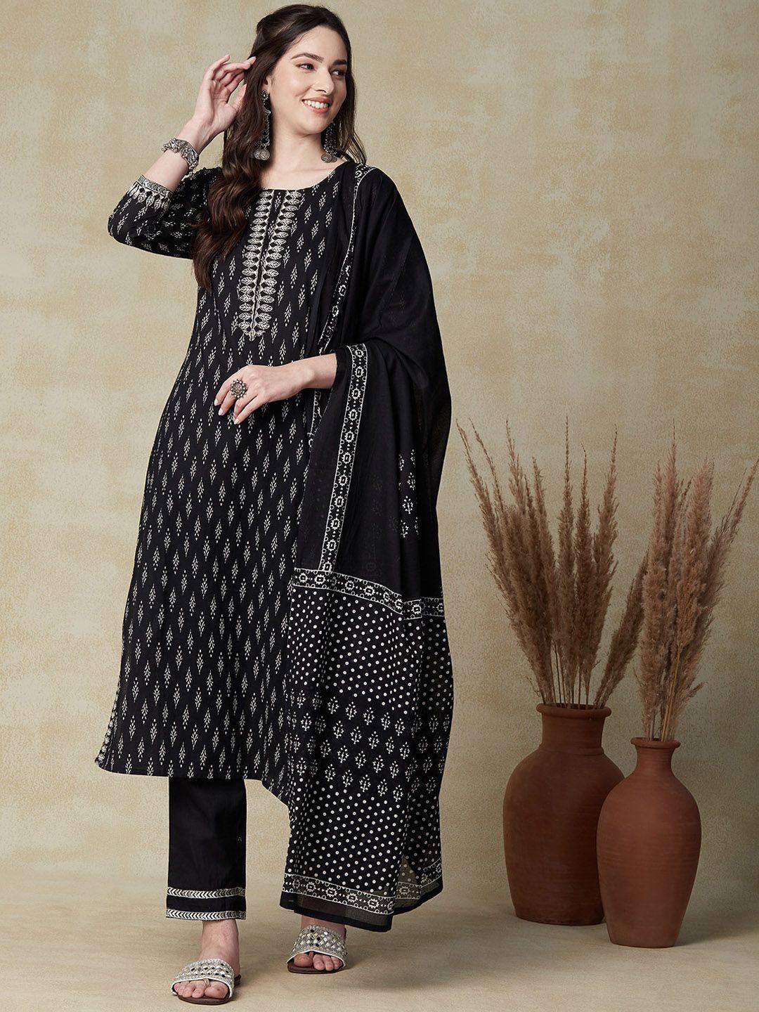 fashor women black ethnic motifs printed regular thread work pure cotton kurta with trousers & with dupatta