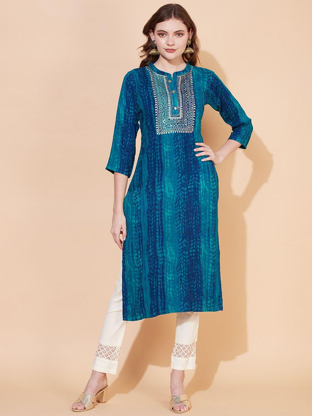 fashor women blue & gold-toned yoke design straight kurta