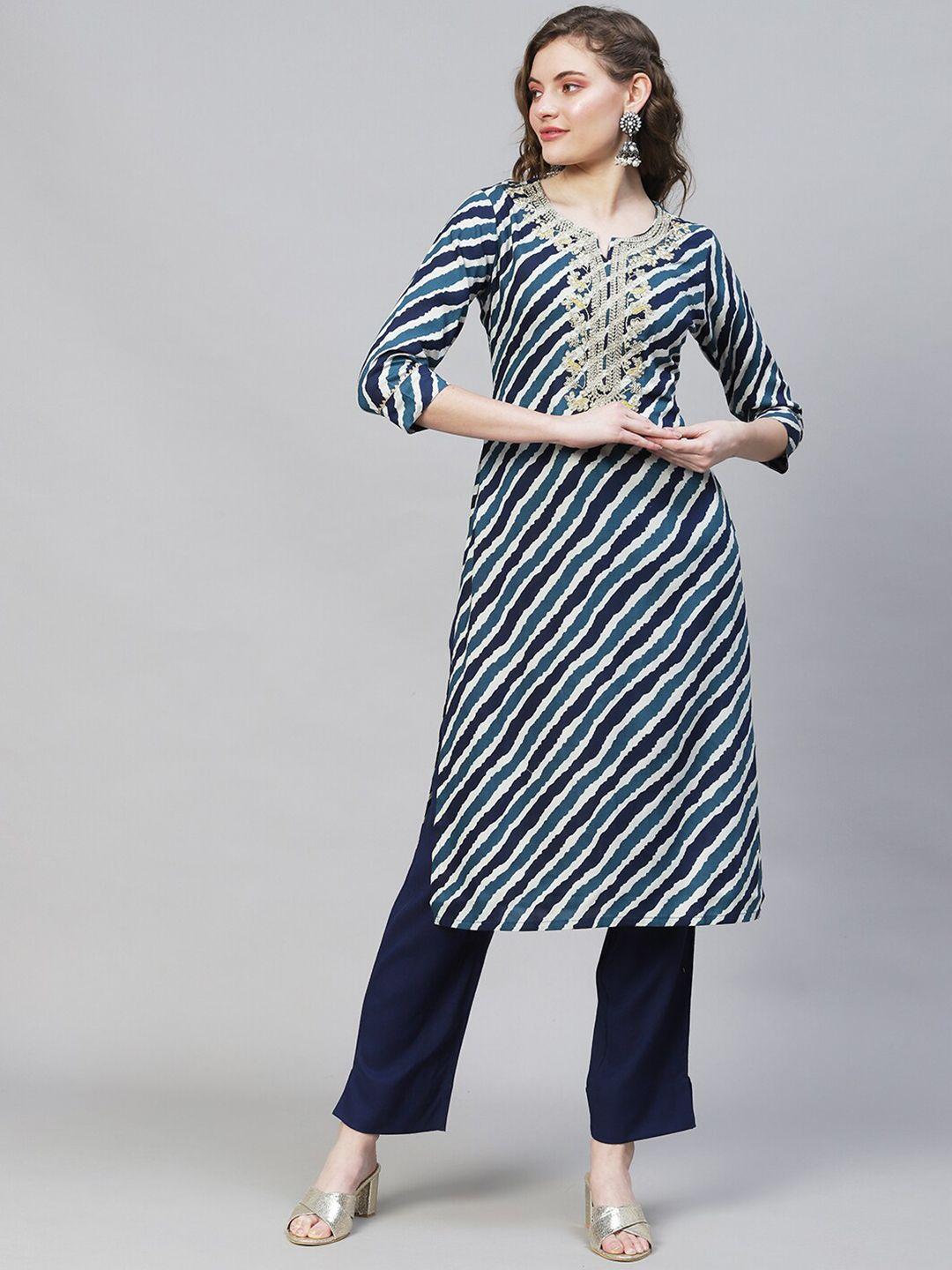 fashor women blue & white leheriya striped indigo kurta