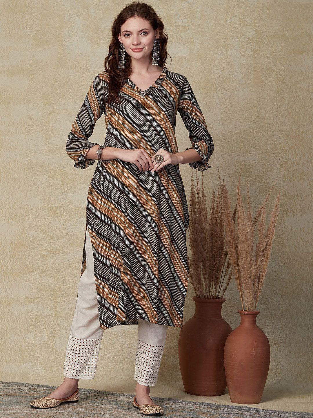 fashor women brown striped flared sleeves sequinned kurta
