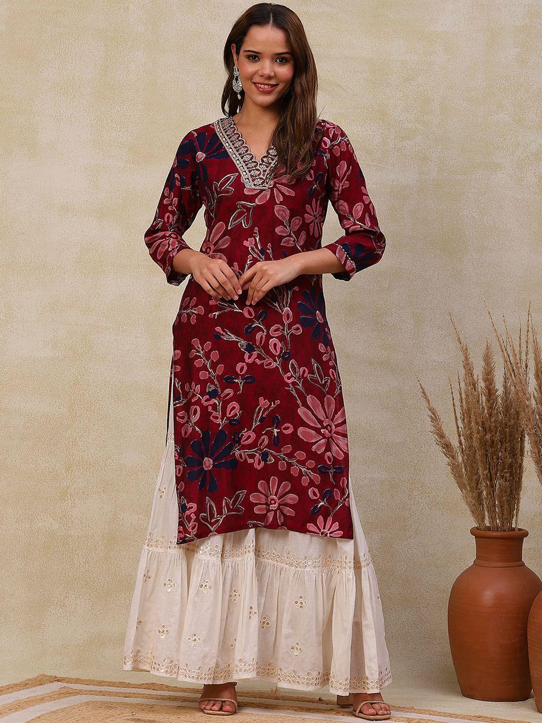 fashor women burgundy floral printed kurta