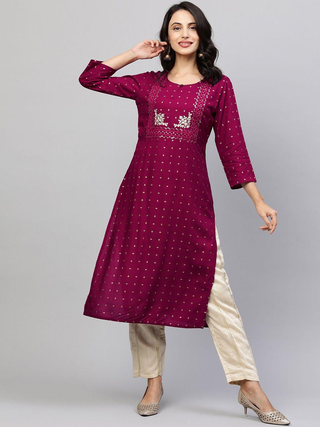 fashor women burgundy geometric embroidered keyhole neck flared sleeves thread work kurta