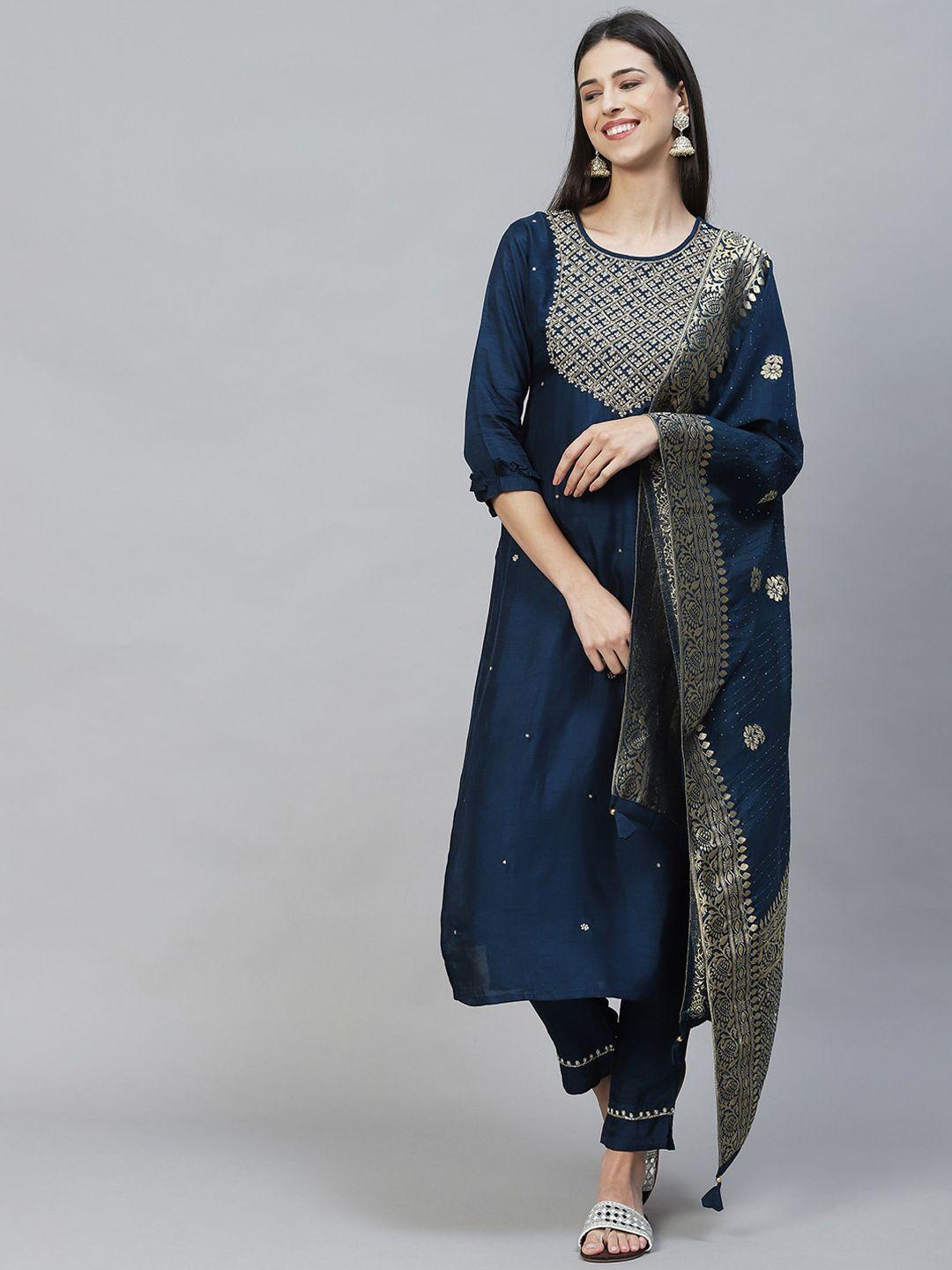 fashor women embroidered straight yoke design kurta with trousers & with dupatta