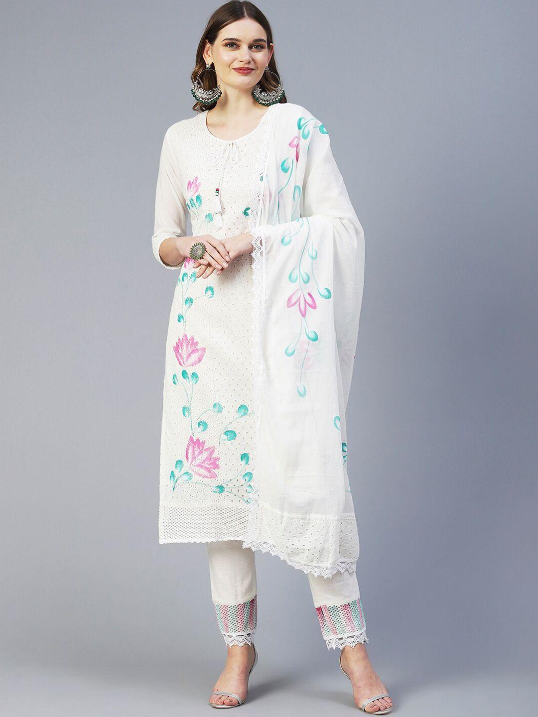 fashor women floral printed pure cotton kurta with trousers & with dupatta