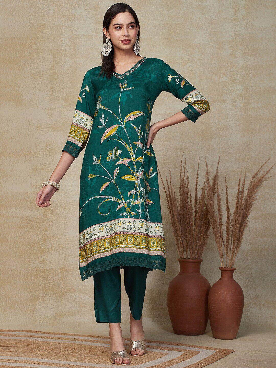 fashor women floral printed regular beads and stones kurta with trousers & with dupatta