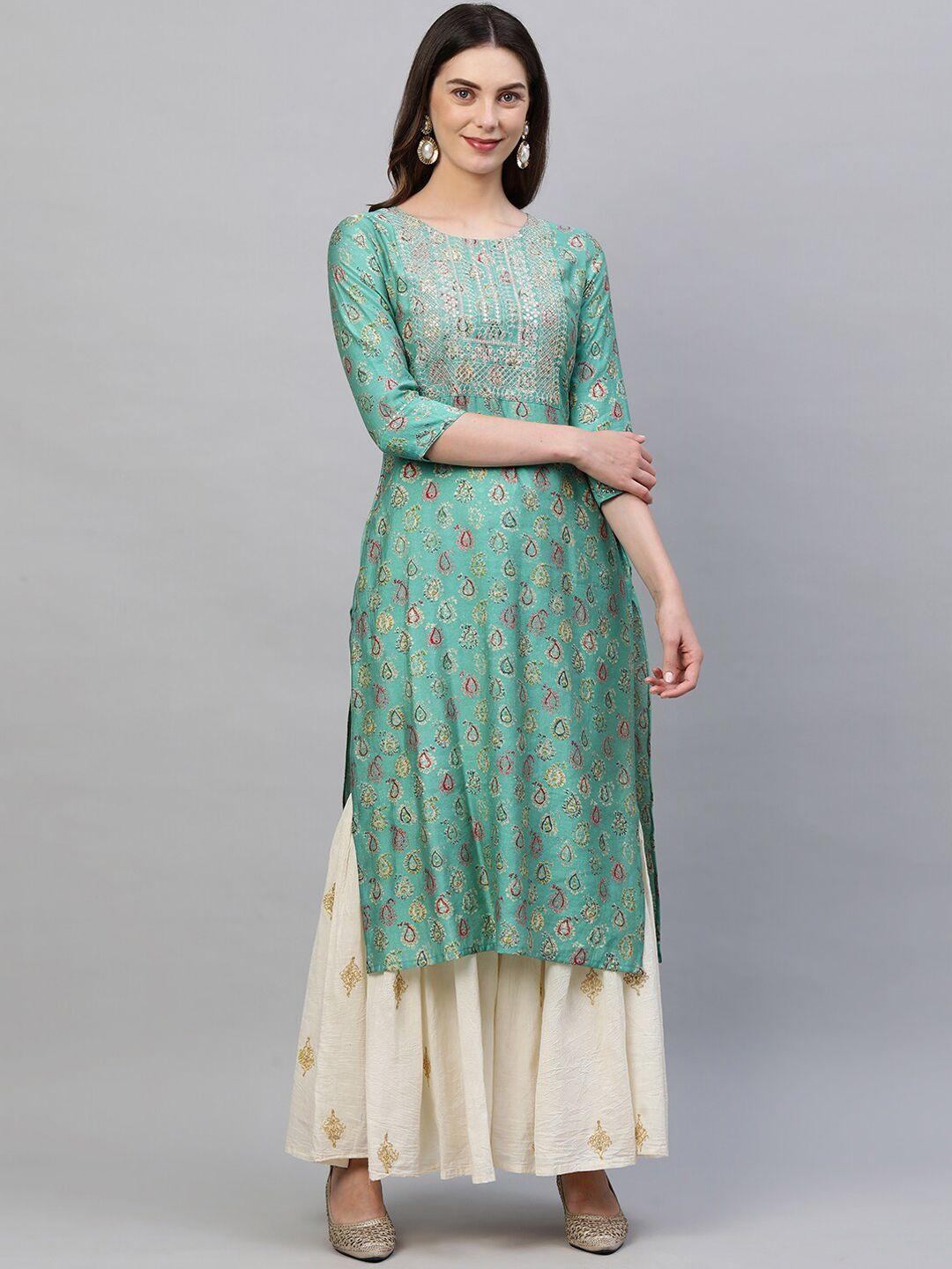 fashor women green ethnic motifs printed thread work kurta