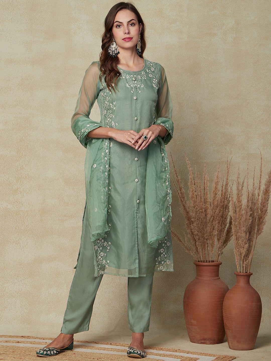 fashor women green floral embroidered regular thread work kurta with trousers & with dupatta