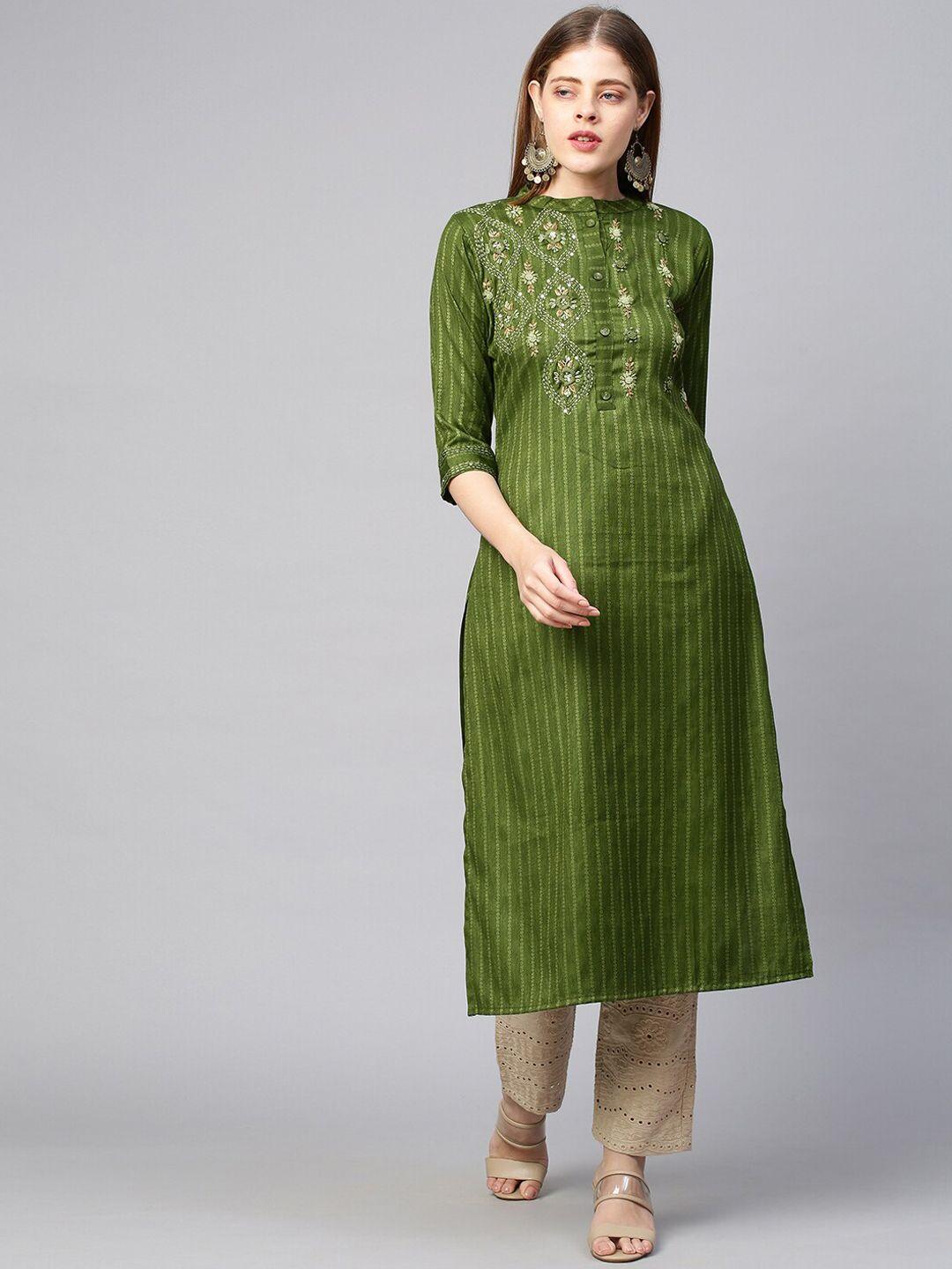 fashor-women-green-striped-thread-work-kurta