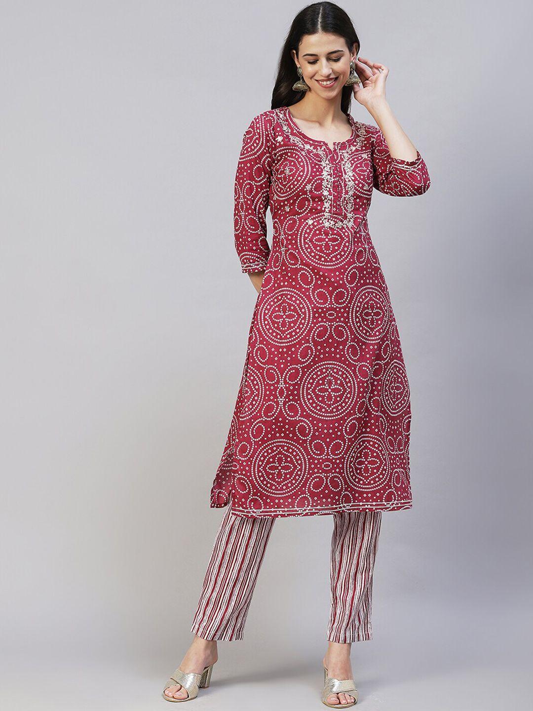 fashor women maroon bandhani printed thread work pure cotton kurti with trousers