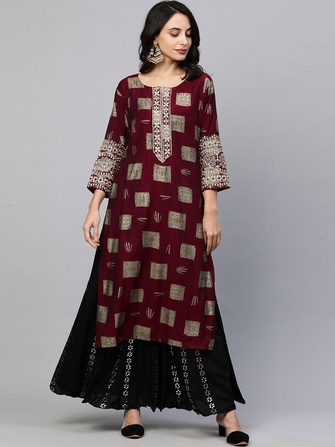 fashor-women-maroon-geometric-printed-flared-sleeves-anarkali-kurta