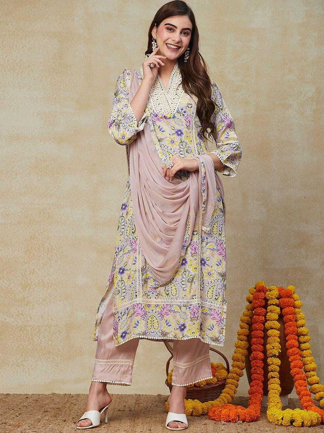 fashor women multicoloured floral printed regular beads and stones kurta with trousers & with dupatta