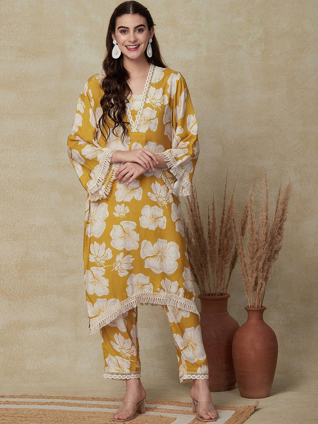 fashor women mustard yellow floral printed regular kurta with trousers
