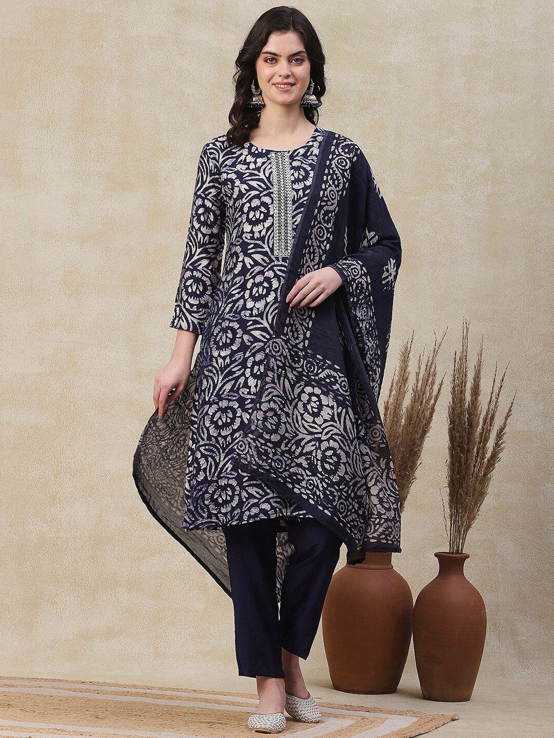 fashor women navy blue ethnic motifs printed regular sequinned chanderi cotton kurta with trousers & with